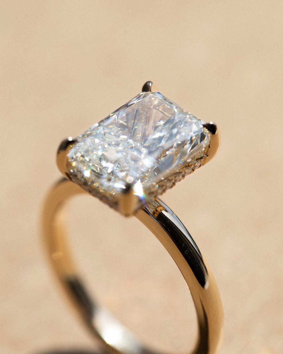 4 Ct Radiant Cut Moissanite Hidden Halo Ring • 14k Solid Yellow Gold •Claws Prong • Half Eternity Band • Handmade Diamond Ring/Gifts - AuraJewelsCA