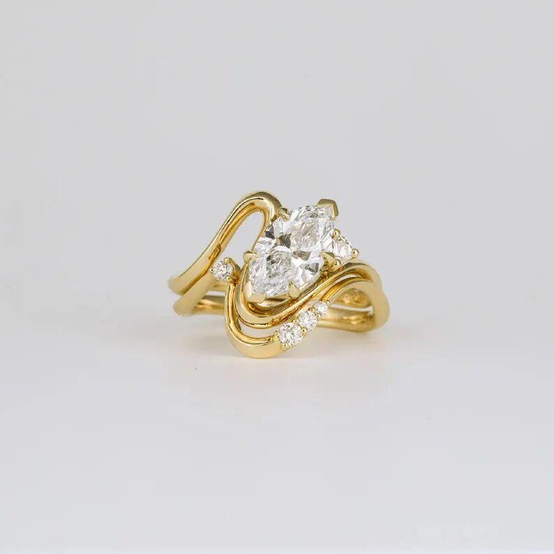 Bridal Set 1.50 Ct Marquise Cut Moissanite Engagement Ring, Wedding Ring, Marquise Cut Ring, Elongated Marquise, Bezel Set Ring - AuraJewelsCA
