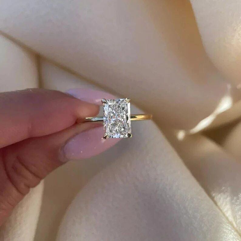 3.25 CT Elongated Radiant Cut Moissanite Ring_Solitaire Ring_14k Solid Yellow Gold_Hidden Halo_Minimalist Gold Jewelry_Lovely Gift For Bride - AuraJewelsCA
