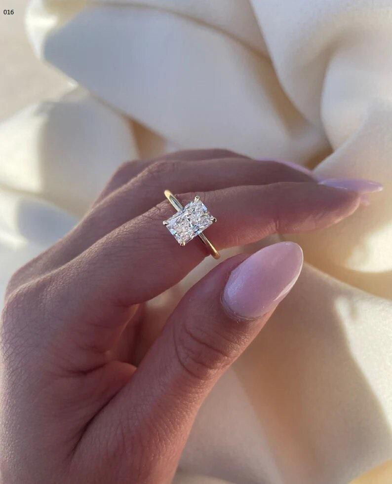 3.25 CT Elongated Radiant Cut Moissanite Ring_Solitaire Ring_14k Solid Yellow Gold_Hidden Halo_Minimalist Gold Jewelry_Lovely Gift For Bride - AuraJewelsCA