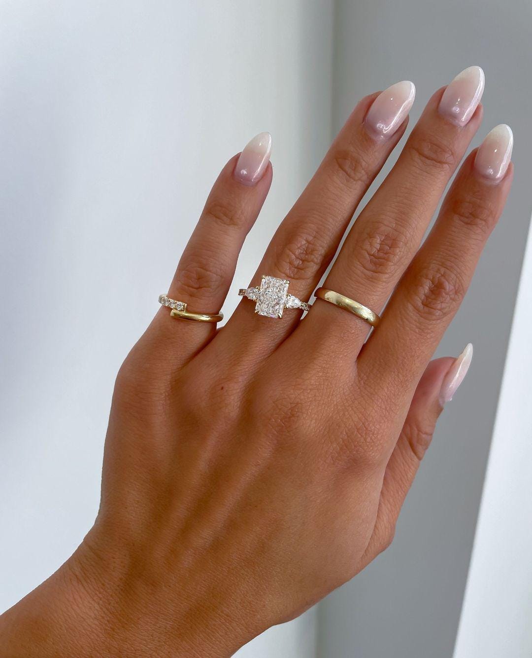 Radiant Cut Three Stone Ring, 3.22 CT Radiant Cut Moissanite Engagement Ring, Accents Pear Cut, Unique Proposal Ring, Anniversary Gifts/Ring - AuraJewelsCA