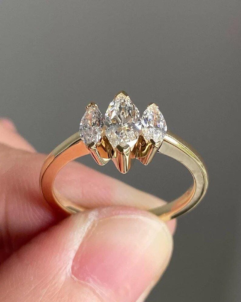 1.50 CT Marquise Cut Moissanite Engagement Ring-14k Solid Gold Three Stone Ring-Bridal Promise Ring-Art Deco Anniversary Gifts/Ring For Her - AuraJewelsCA