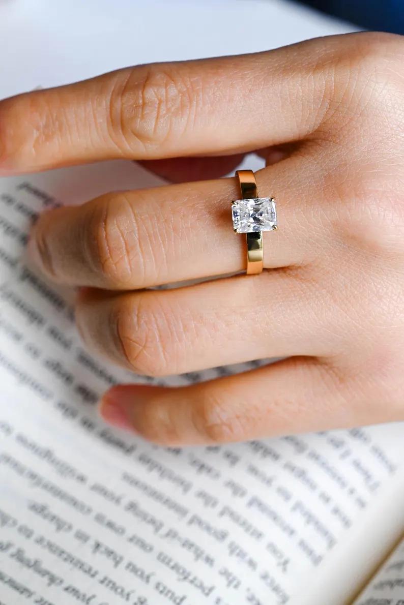 Radiant Moissanite Engagement Ring, 18K Solid Gold 3mm Wide Band Bridal Ring, Promise Ring, Proposal Ring, Anniversary/ Birthday Gift - AuraJewelsCA