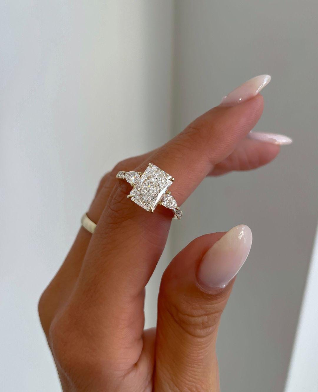 Radiant Cut Three Stone Ring, 3.22 CT Radiant Cut Moissanite Engagement Ring, Accents Pear Cut, Unique Proposal Ring, Anniversary Gifts/Ring - AuraJewelsCA