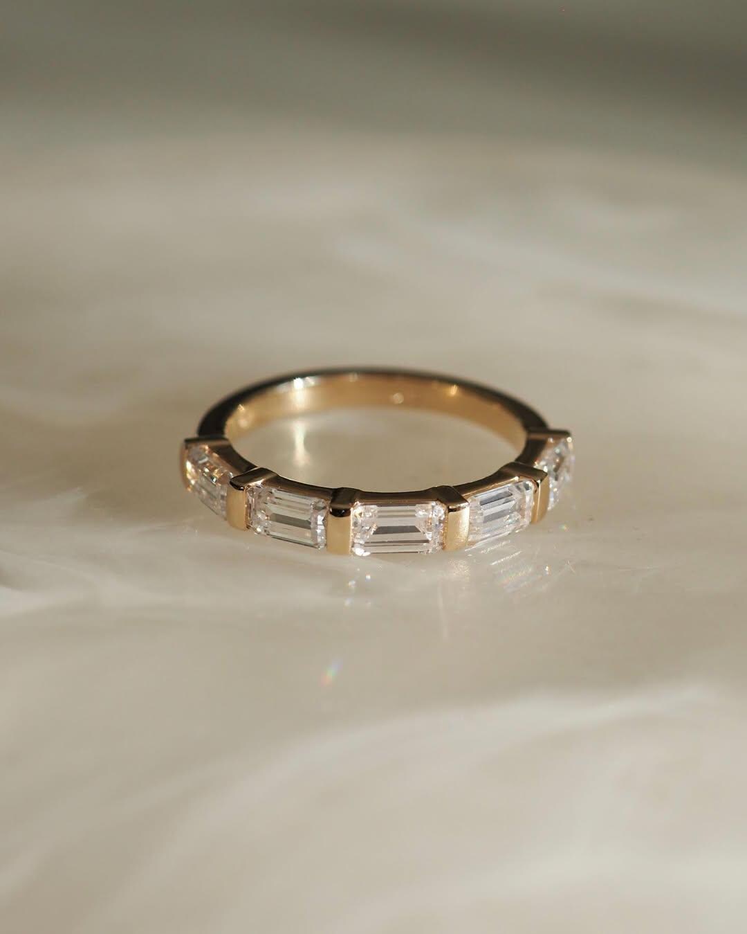 Dainty Baguette Stacking Ring, Gold Minimalist Ring, Moissanite Ring, Thin Ring, Gift for Her, Delicate Solid 14K white gold wedding band - AuraJewelsCA