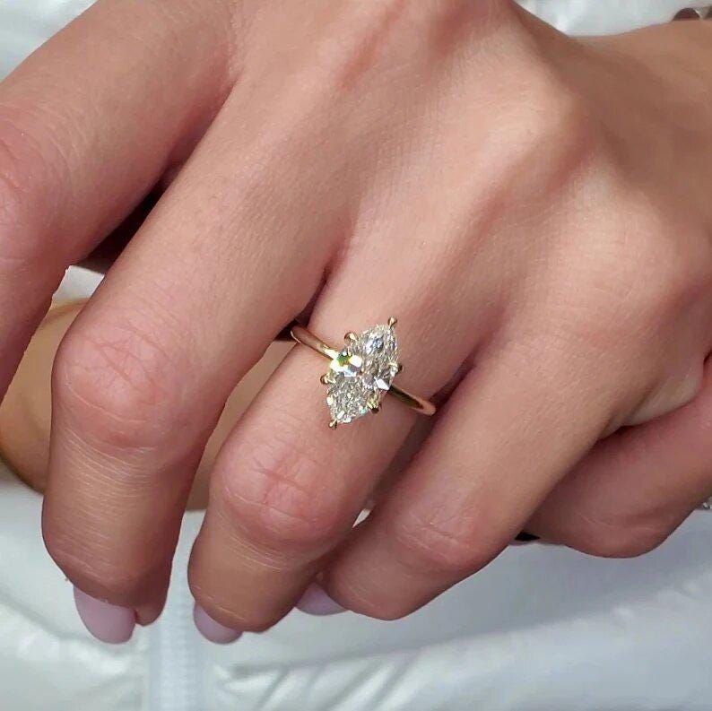 2.50 Ct Marquise Cut Moissanite Engagement Ring, Wedding Ring, Marquise Cut Ring, Elongated Marquise, Solitaire Ring for Her - AuraJewelsCA