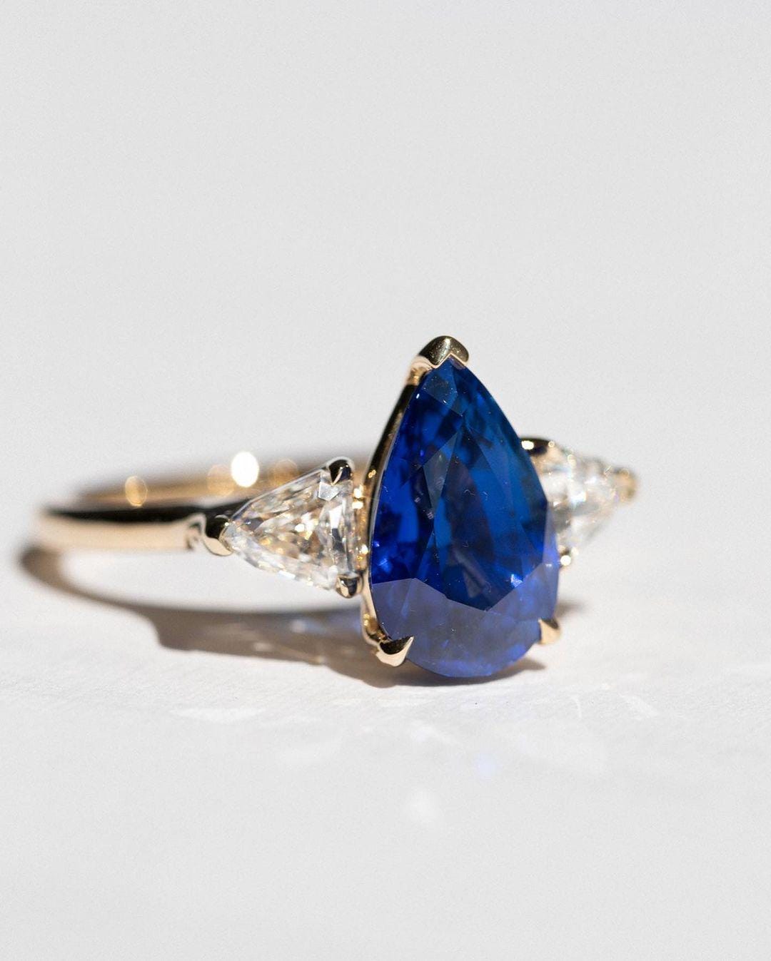 Three Stone Blue Sapphire Pear Cut Engagement Ring, Triangle Moissanite with Sapphire Ring, Moissanite Halo Ring, White Gold Ring - AuraJewelsCA