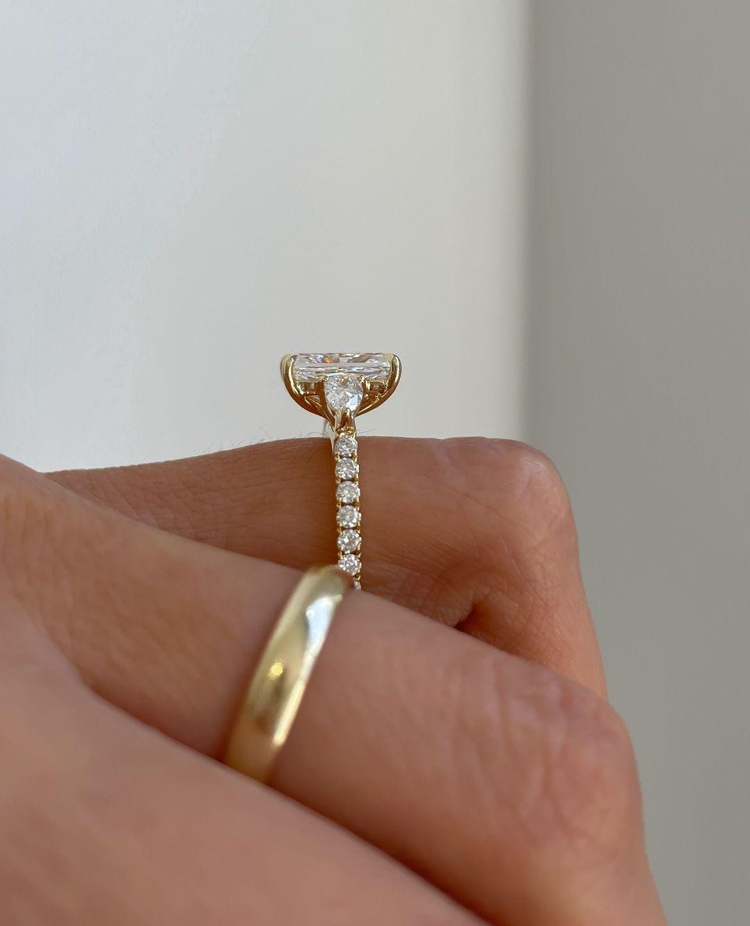 Radiant Cut Three Stone Ring, 3.22 CT Radiant Cut Moissanite Engagement Ring, Accents Pear Cut, Unique Proposal Ring, Anniversary Gifts/Ring - AuraJewelsCA