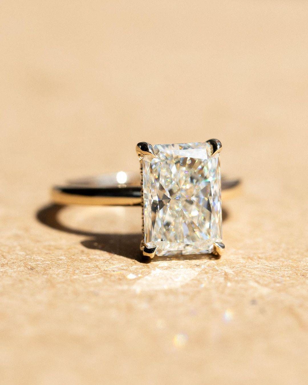 4 Ct Radiant Cut Moissanite Hidden Halo Ring • 14k Solid Yellow Gold •Claws Prong • Half Eternity Band • Handmade Diamond Ring/Gifts - AuraJewelsCA