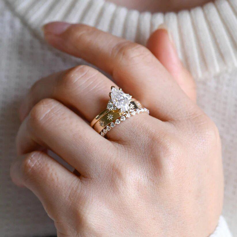 Solid gold marquise cut moissanite wedding ring set art deco classic bridal set with matching band anniversary gift for women/wife - AuraJewelsCA