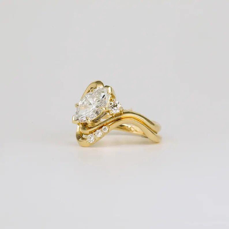 Bridal Set 1.50 Ct Marquise Cut Moissanite Engagement Ring, Wedding Ring, Marquise Cut Ring, Elongated Marquise, Bezel Set Ring - AuraJewelsCA