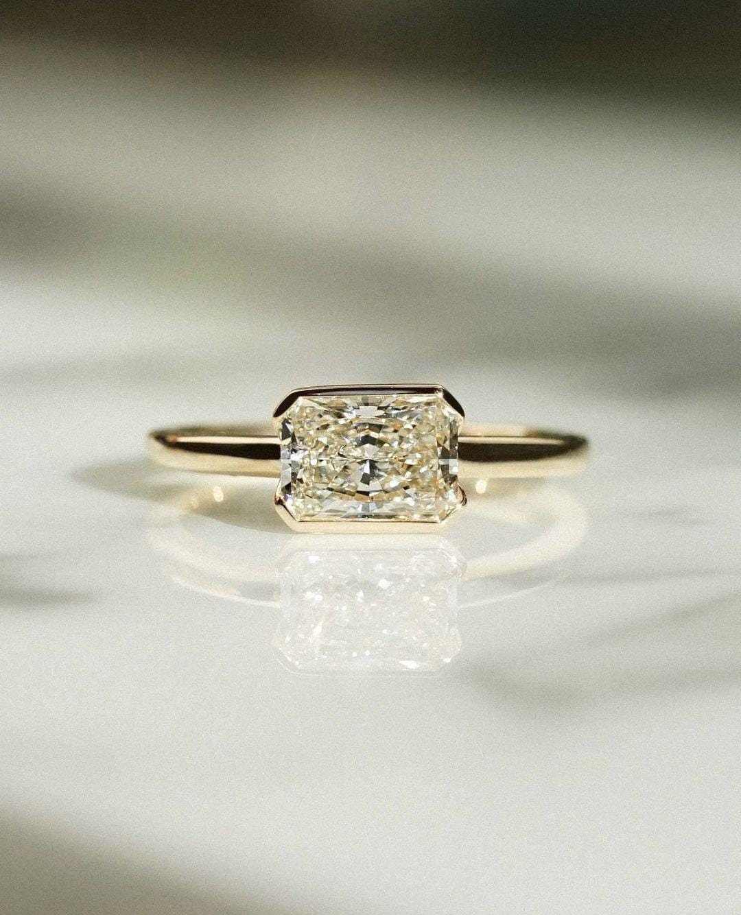 Half Bezel Set 1.75 Ct Radiant Cut Moissanite Engagement Ring, Crushed Ice Radiant Cut Ring, Elongated Radiant, Bezel Set Solitaire Ring - AuraJewelsCA