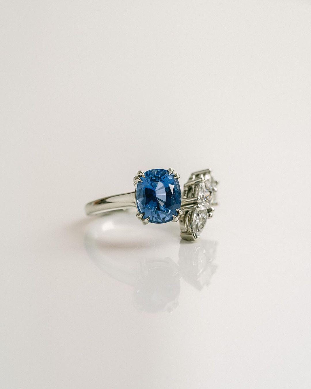 1.50 CT Blue Sapphire Cushion Cut Engagement Ring curved Diamond accents, Moissanite with Sapphire , Moissanite Halo Ring, White Gold Ring - AuraJewelsCA