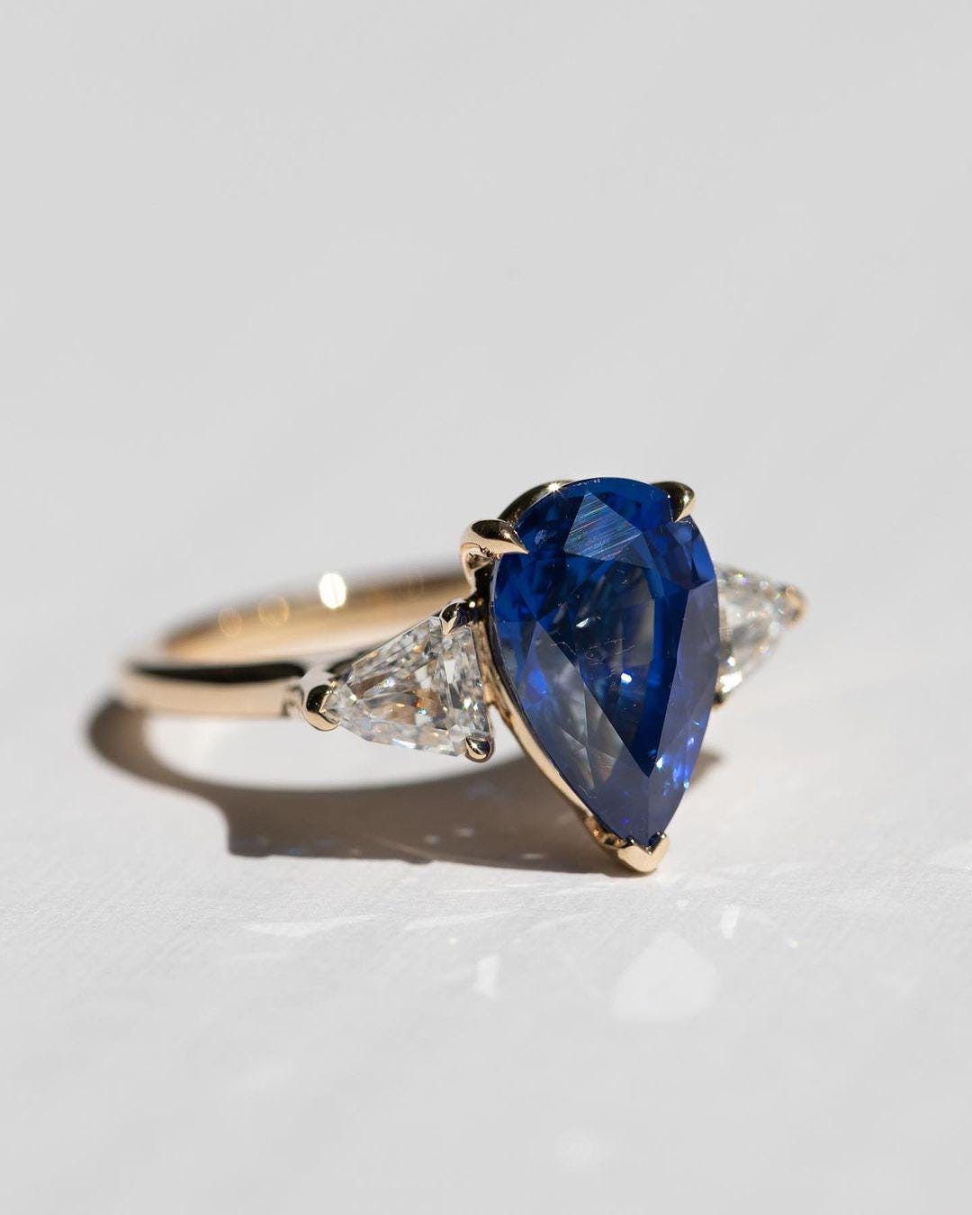 Three Stone Blue Sapphire Pear Cut Engagement Ring, Triangle Moissanite with Sapphire Ring, Moissanite Halo Ring, White Gold Ring - AuraJewelsCA