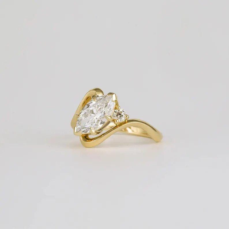 Bridal Set 1.50 Ct Marquise Cut Moissanite Engagement Ring, Wedding Ring, Marquise Cut Ring, Elongated Marquise, Bezel Set Ring - AuraJewelsCA