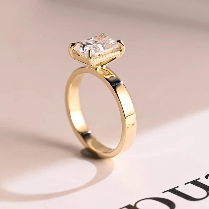 Radiant Moissanite Engagement Ring, 18K Solid Gold 3mm Wide Band Bridal Ring, Promise Ring, Proposal Ring, Anniversary/ Birthday Gift - AuraJewelsCA