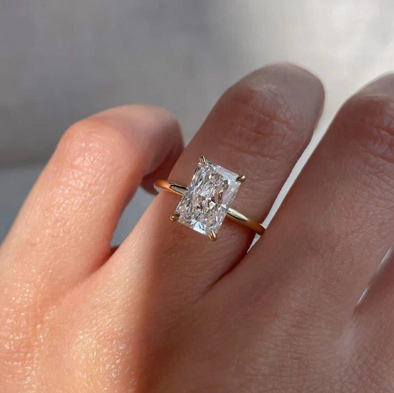 3.25 CT Elongated Radiant Cut Moissanite Ring_Solitaire Ring_14k Solid Yellow Gold_Hidden Halo_Minimalist Gold Jewelry_Lovely Gift For Bride - AuraJewelsCA