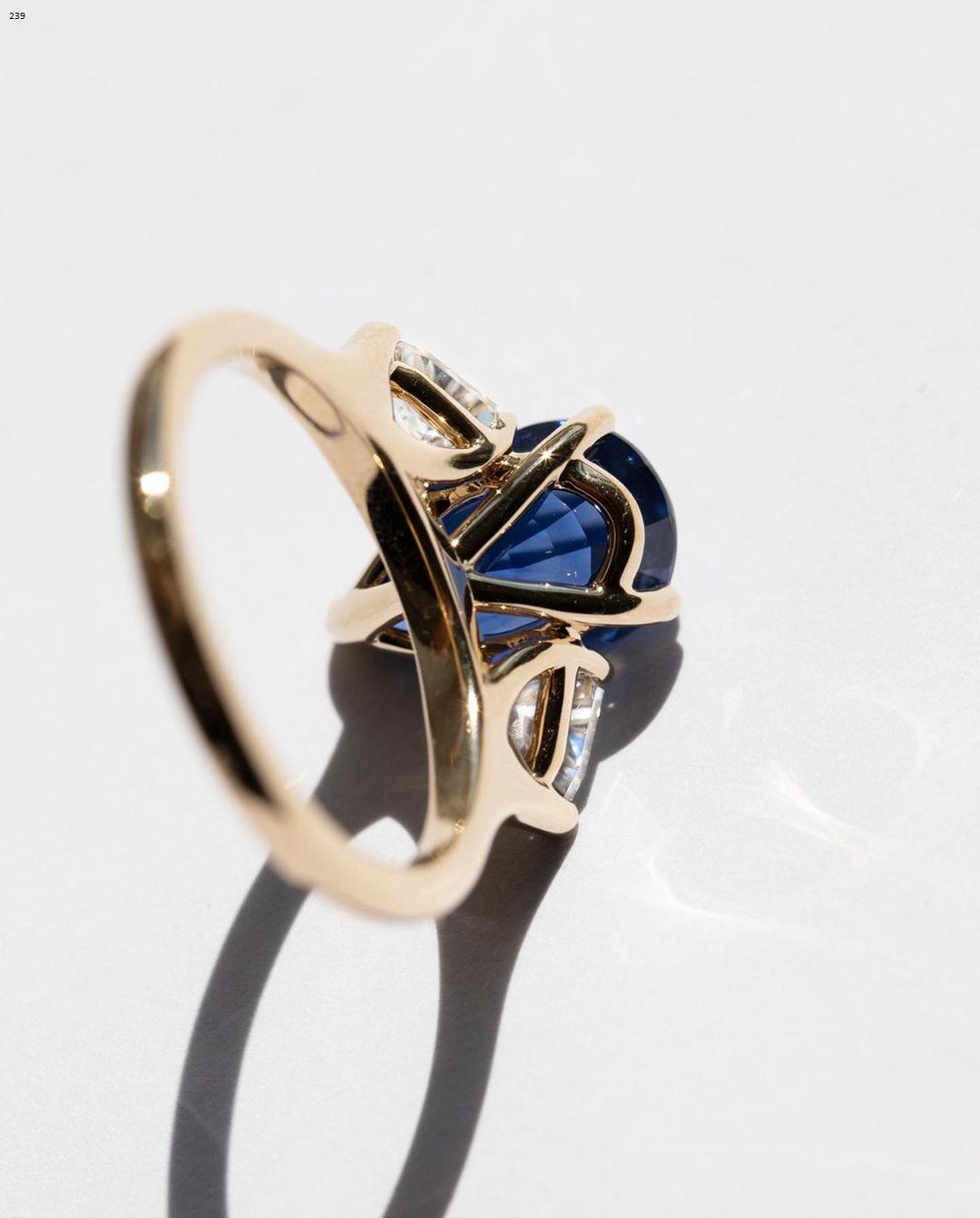 Three Stone Blue Sapphire Pear Cut Engagement Ring, Triangle Moissanite with Sapphire Ring, Moissanite Halo Ring, White Gold Ring - AuraJewelsCA