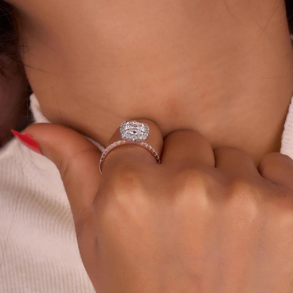 2.54 TCW Cushion Cut Halo Moissanite Ring|14k Solid White Gold|Square Cut Solitaire Wedding Ring|Handmade Halo|Half Eternity|Gifts For Women - AuraJewelsCA