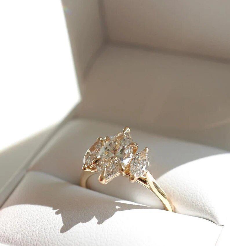 1.54 Ct Marquise Cut Moissanite Engagement Ring, Wedding Ring, Marquise Cut Ring, Elongated Marquise, Three Stone Ring - AuraJewelsCA