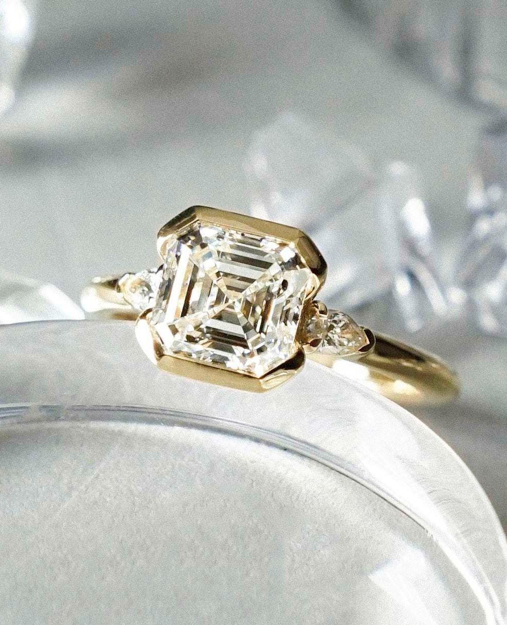 8.0 MM Asscher Cut Moissanite,14k Solid Yellow Gold Asscher Cut Solitaire,Signature Bezel Set,Split Cathedral Shank,Engagement Ring For Gift - AuraJewelsCA