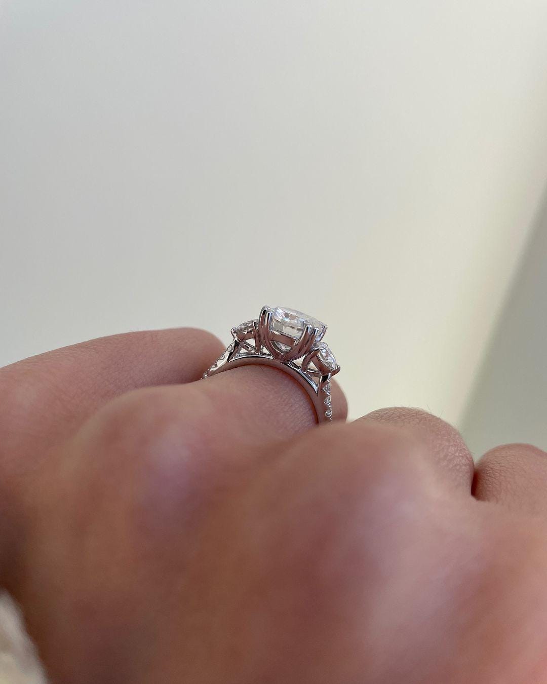 2.55 CT Cushion Cut Moissanite Three Stone Engagement Ring, Side Round Cut, Unique Ring, 14K White Gold Wedding Ring, Anniversary Gift/Ring - AuraJewelsCA