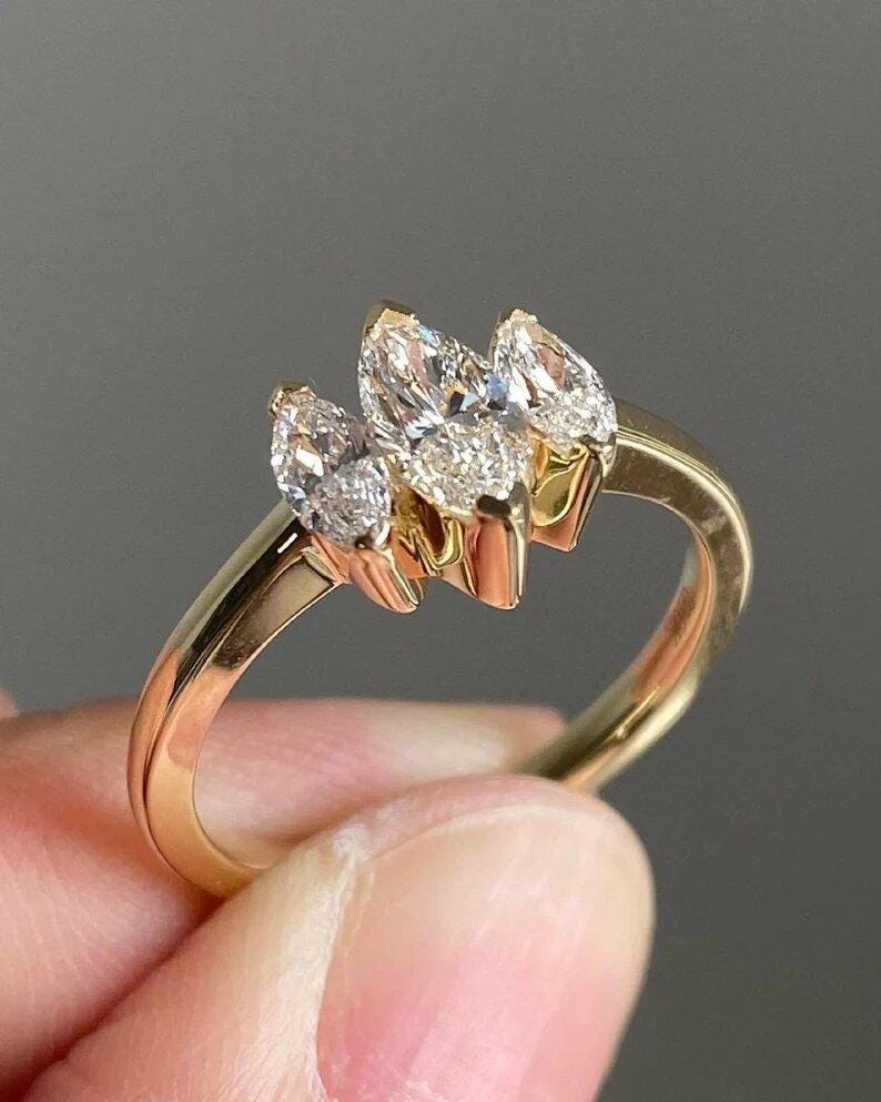 1.50 CT Marquise Cut Moissanite Engagement Ring-14k Solid Gold Three Stone Ring-Bridal Promise Ring-Art Deco Anniversary Gifts/Ring For Her - AuraJewelsCA