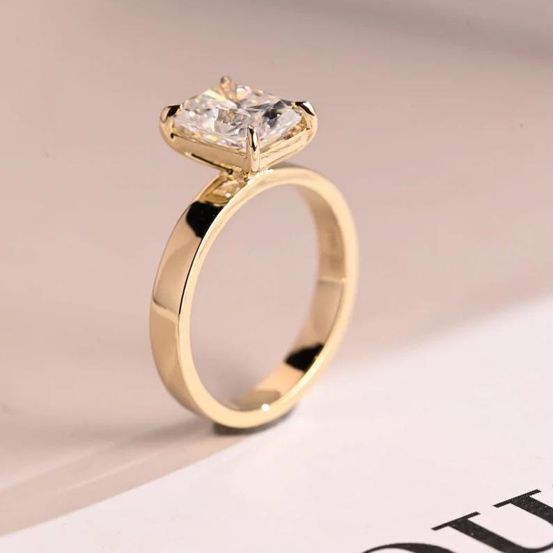 Radiant Moissanite Engagement Ring, 18K Solid Gold 3mm Wide Band Bridal Ring, Promise Ring, Proposal Ring, Anniversary/ Birthday Gift - AuraJewelsCA