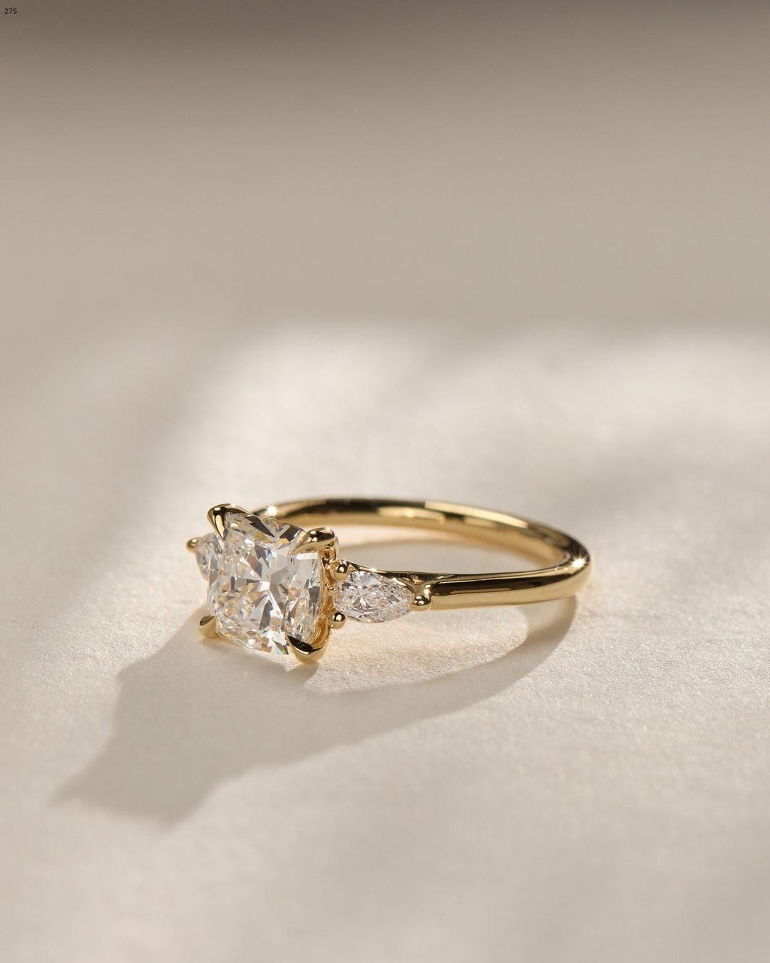 Unique 2.42 TC Cushion Cut Moissanite Trilogy|Pear Side Stones|14k Solid Yellow Gold Ring|Bridal Promise Ring|Jewelry Gift For Her|In Trends - AuraJewelsCA