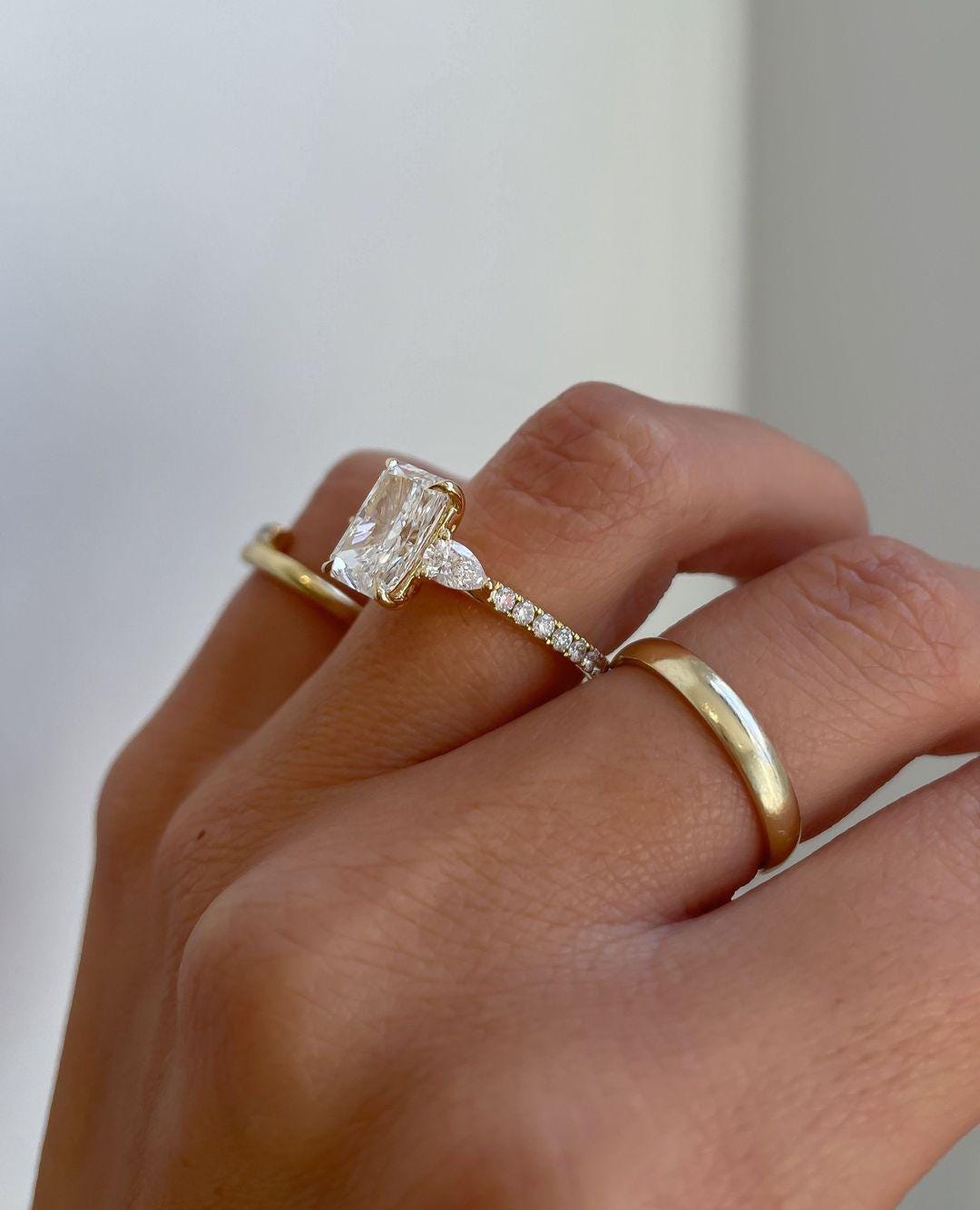 Radiant Cut Three Stone Ring, 3.22 CT Radiant Cut Moissanite Engagement Ring, Accents Pear Cut, Unique Proposal Ring, Anniversary Gifts/Ring - AuraJewelsCA