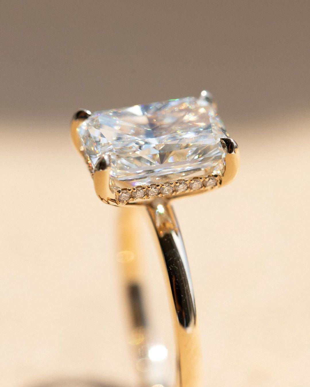 4 Ct Radiant Cut Moissanite Hidden Halo Ring • 14k Solid Yellow Gold •Claws Prong • Half Eternity Band • Handmade Diamond Ring/Gifts - AuraJewelsCA