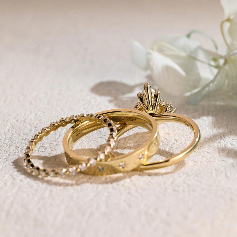 Solid gold marquise cut moissanite wedding ring set art deco classic bridal set with matching band anniversary gift for women/wife - AuraJewelsCA