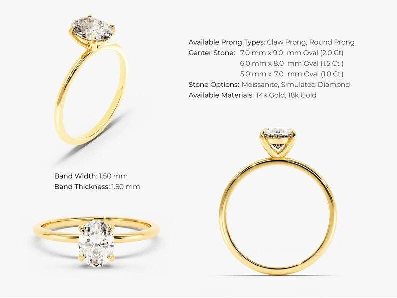 1 CT - 1.5 CT - 2 CT Oval Cut Moissanite Engagement Ring / 14k Solid Gold Engagement Ring / 4-Prong Solitaire Oval Moissanite Ring - AuraJewelsCA
