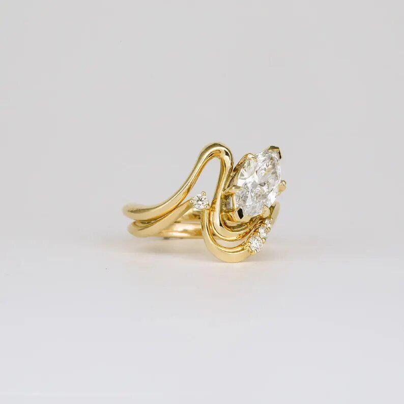 Bridal Set 1.50 Ct Marquise Cut Moissanite Engagement Ring, Wedding Ring, Marquise Cut Ring, Elongated Marquise, Bezel Set Ring - AuraJewelsCA