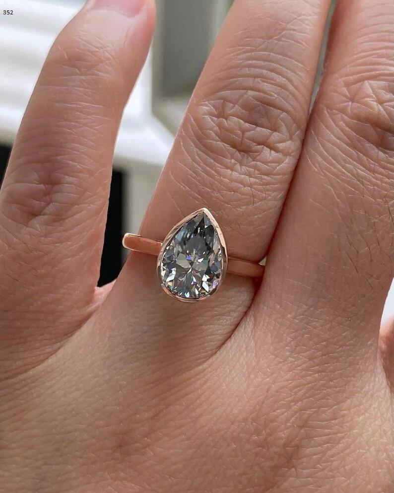Grey 2 Ct Elongated Pear Cut Moissanite Engagement Ring , Pear Cut Ring, Moissanite Engagement Ring, Grey Pear Engagement Ring - AuraJewelsCA