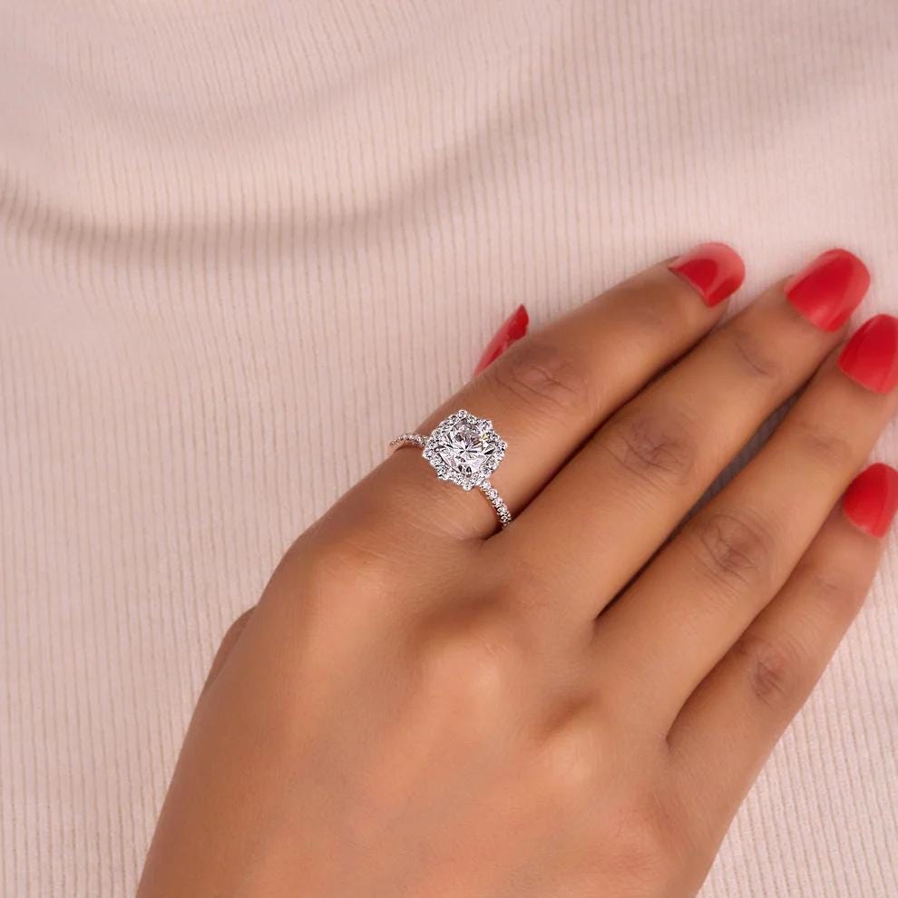 2.54 TCW Cushion Cut Halo Moissanite Ring|14k Solid White Gold|Square Cut Solitaire Wedding Ring|Handmade Halo|Half Eternity|Gifts For Women - AuraJewelsCA