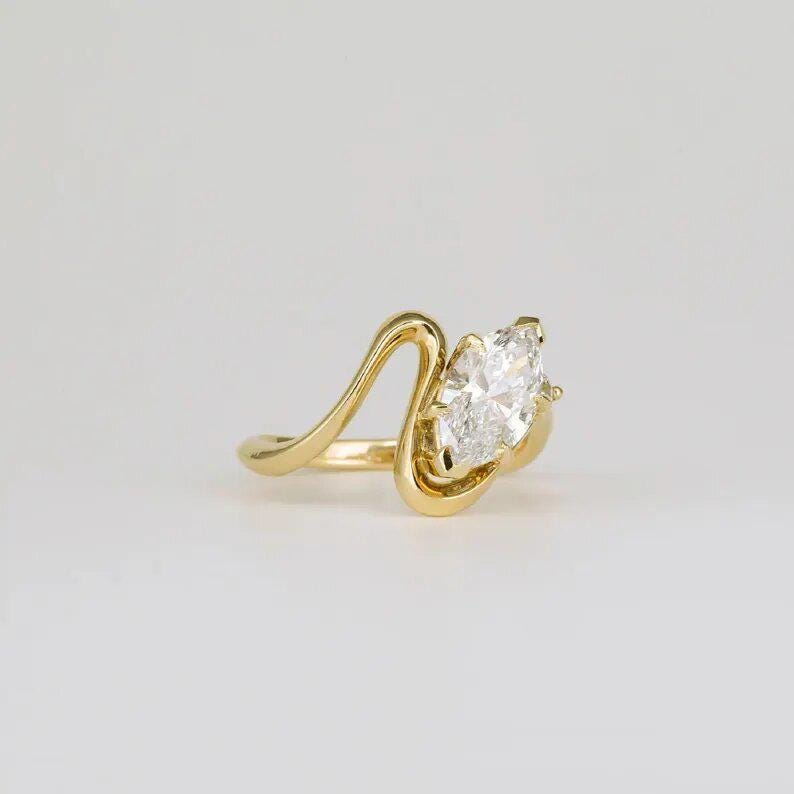 Bridal Set 1.50 Ct Marquise Cut Moissanite Engagement Ring, Wedding Ring, Marquise Cut Ring, Elongated Marquise, Bezel Set Ring - AuraJewelsCA