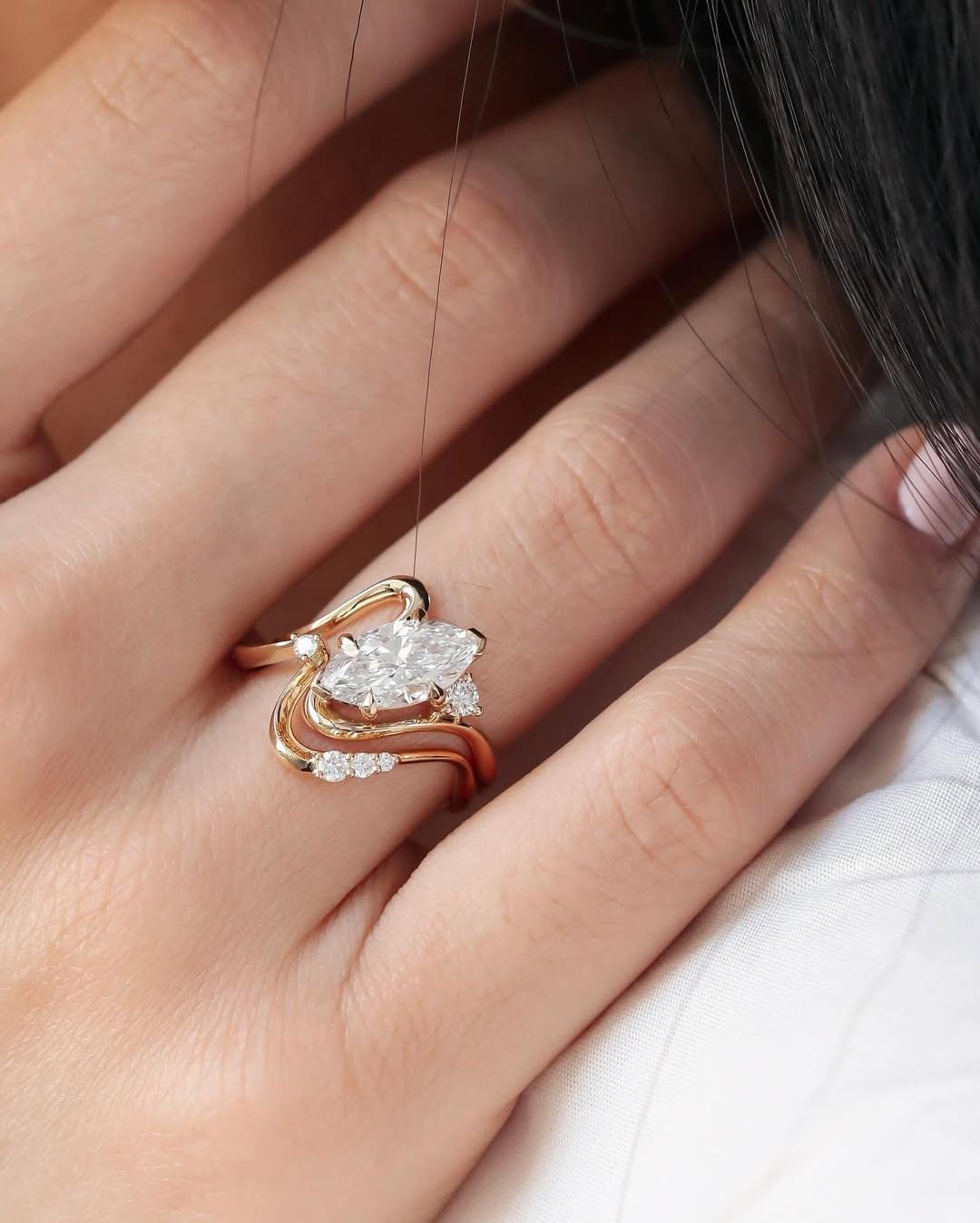 Bridal Set 1.50 Ct Marquise Cut Moissanite Engagement Ring, Wedding Ring, Marquise Cut Ring, Elongated Marquise, Bezel Set Ring - AuraJewelsCA