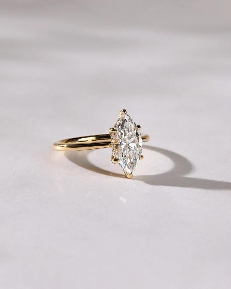 1.5 CT/6 Prongs Marquise Moissanite Engagement Ring, Classic Marquise Cut Solitaire Ring, Hidden Halo Wedding Ring, Delicate Proposal Ring - AuraJewelsCA