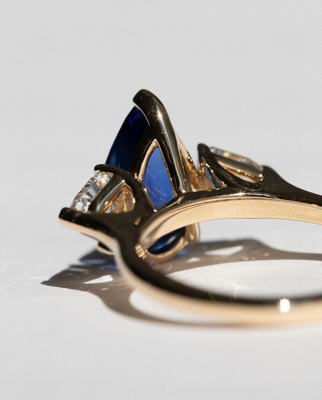 Three Stone Blue Sapphire Pear Cut Engagement Ring, Triangle Moissanite with Sapphire Ring, Moissanite Halo Ring, White Gold Ring - AuraJewelsCA