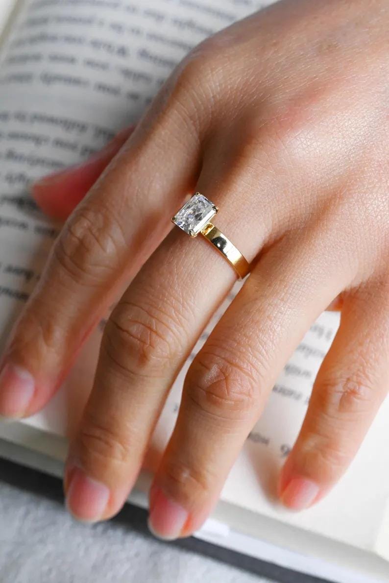 Radiant Moissanite Engagement Ring, 18K Solid Gold 3mm Wide Band Bridal Ring, Promise Ring, Proposal Ring, Anniversary/ Birthday Gift - AuraJewelsCA