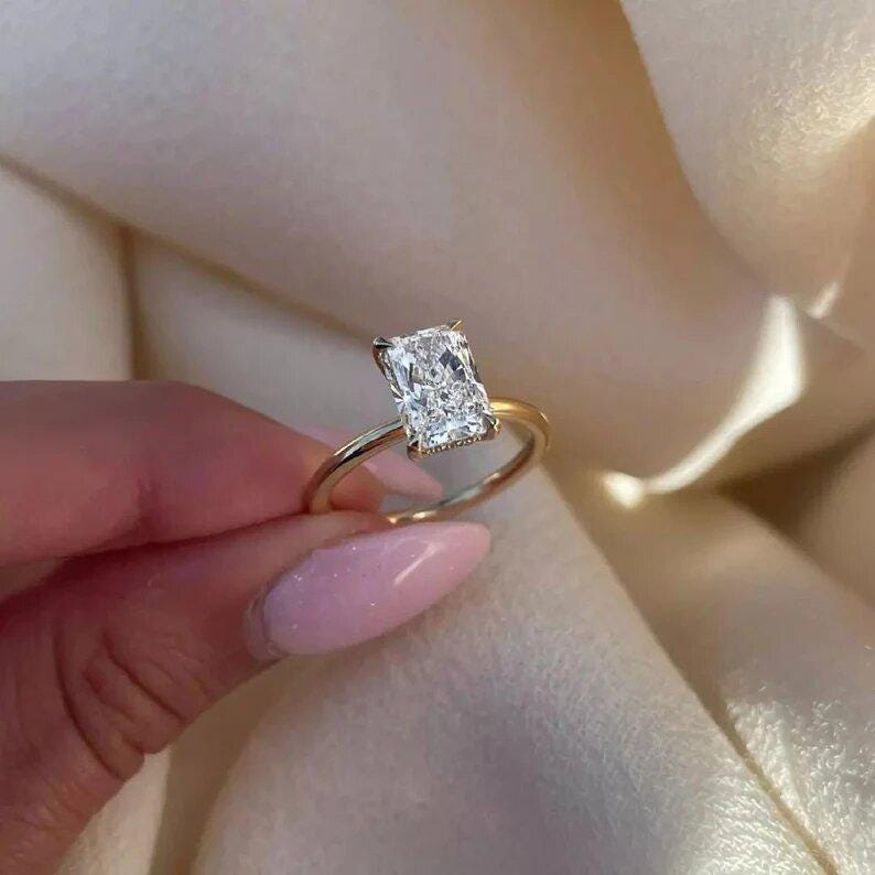 3.25 CT Elongated Radiant Cut Moissanite Ring_Solitaire Ring_14k Solid Yellow Gold_Hidden Halo_Minimalist Gold Jewelry_Lovely Gift For Bride - AuraJewelsCA