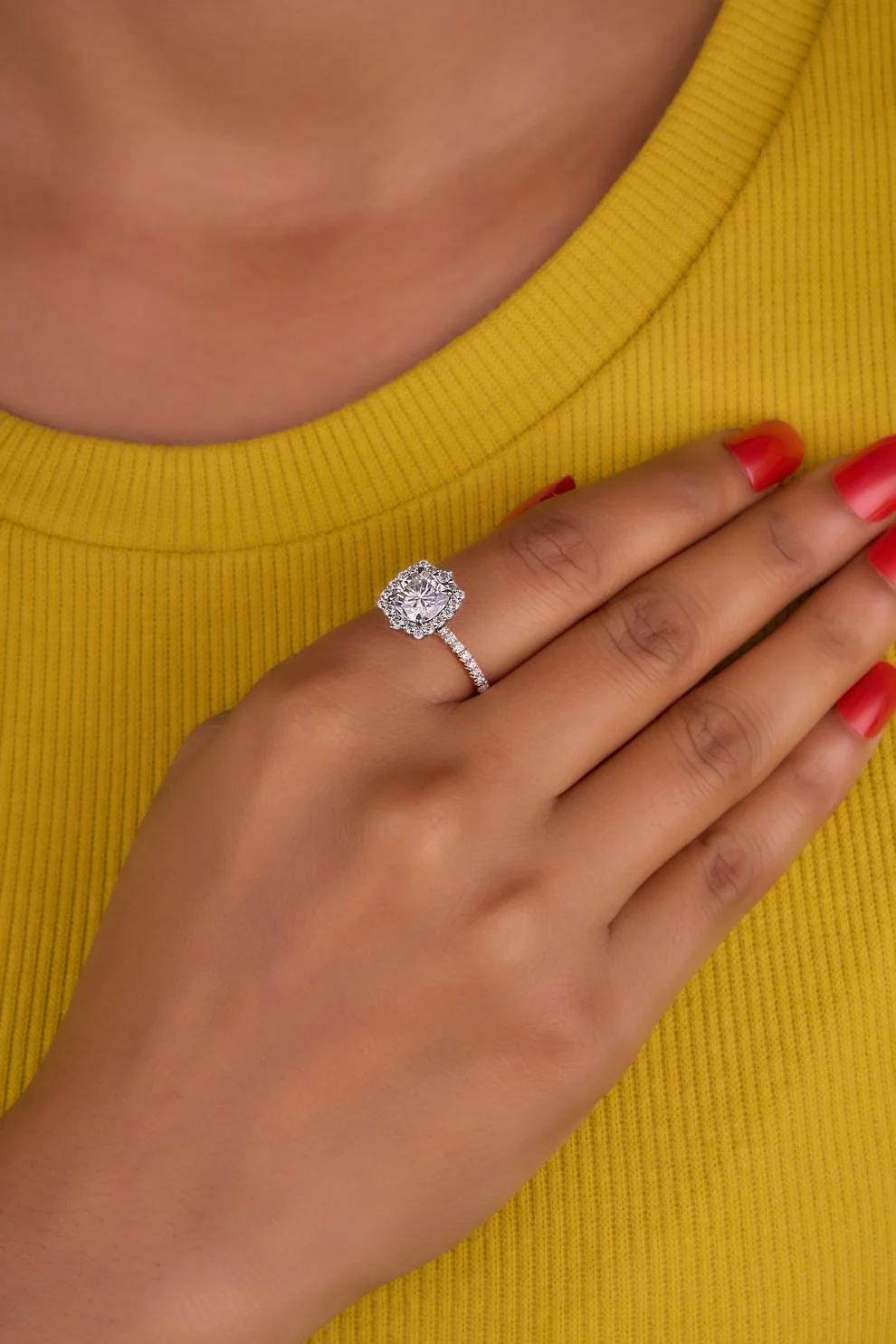 2.54 TCW Cushion Cut Halo Moissanite Ring|14k Solid White Gold|Square Cut Solitaire Wedding Ring|Handmade Halo|Half Eternity|Gifts For Women - AuraJewelsCA