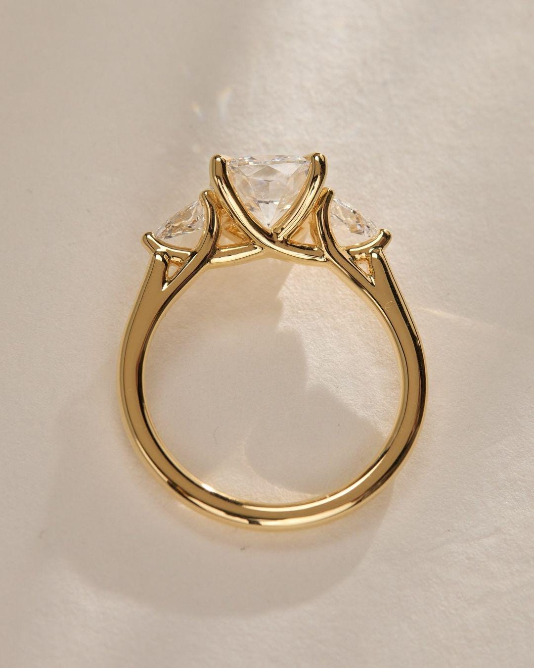 Unique 2.42 TC Cushion Cut Moissanite Trilogy|Pear Side Stones|14k Solid Yellow Gold Ring|Bridal Promise Ring|Jewelry Gift For Her|In Trends - AuraJewelsCA