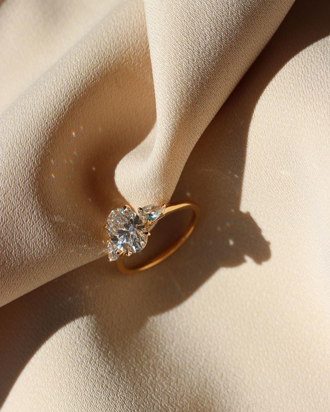 Vintage 2 CT Oval Cut Moissanite Three Stone Ring, Side Pear Moissanite, Oval Engagement Ring, Unique Wedding Ring, Anniversary Gifts/Ring - AuraJewelsCA