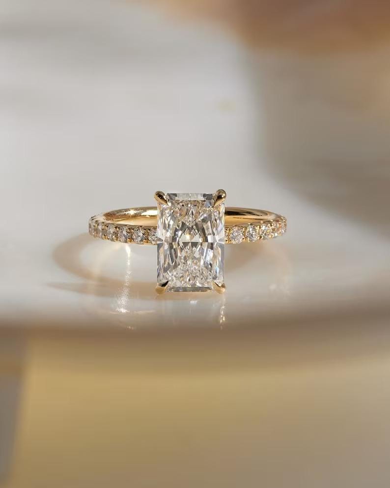 Elongated 3 CT Radiant Cut Moissanite Engagement Ring, Solitaire Wedding Ring, Hidden Halo Ring, Half Eternity Ring, Anniversary Gifts/Ring - AuraJewelsCA