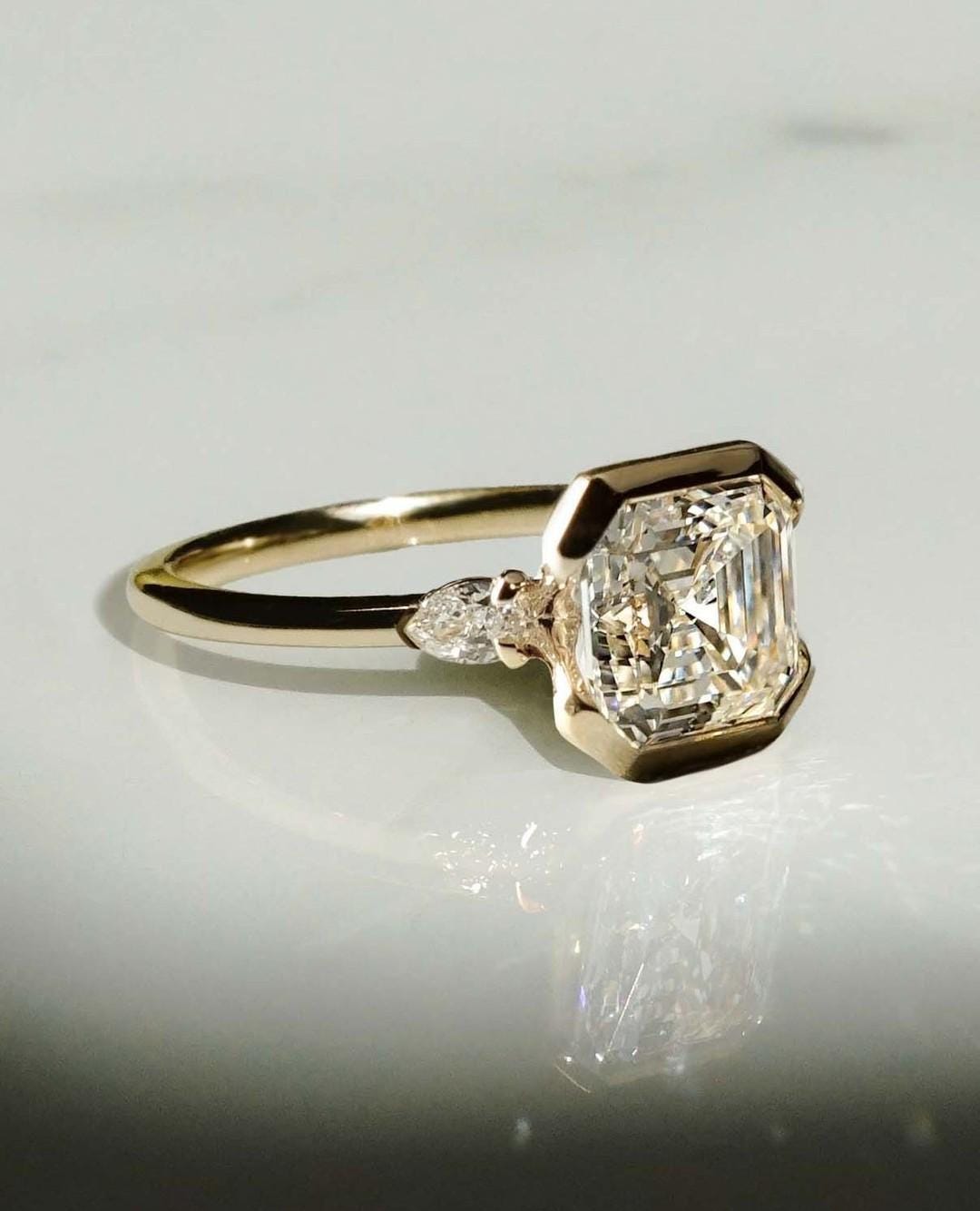 8.0 MM Asscher Cut Moissanite,14k Solid Yellow Gold Asscher Cut Solitaire,Signature Bezel Set,Split Cathedral Shank,Engagement Ring For Gift - AuraJewelsCA