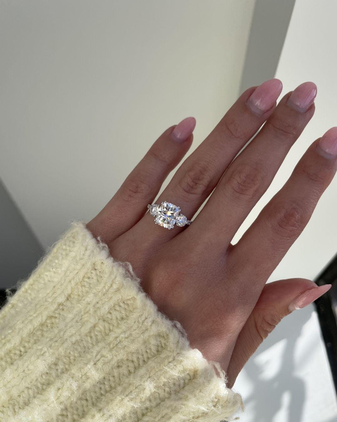 2.55 CT Cushion Cut Moissanite Three Stone Engagement Ring, Side Round Cut, Unique Ring, 14K White Gold Wedding Ring, Anniversary Gift/Ring - AuraJewelsCA