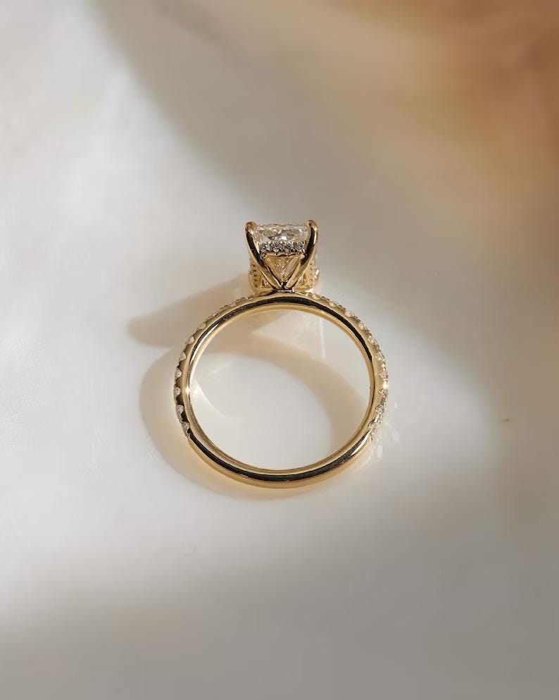 Elongated 3 CT Radiant Cut Moissanite Engagement Ring, Solitaire Wedding Ring, Hidden Halo Ring, Half Eternity Ring, Anniversary Gifts/Ring - AuraJewelsCA