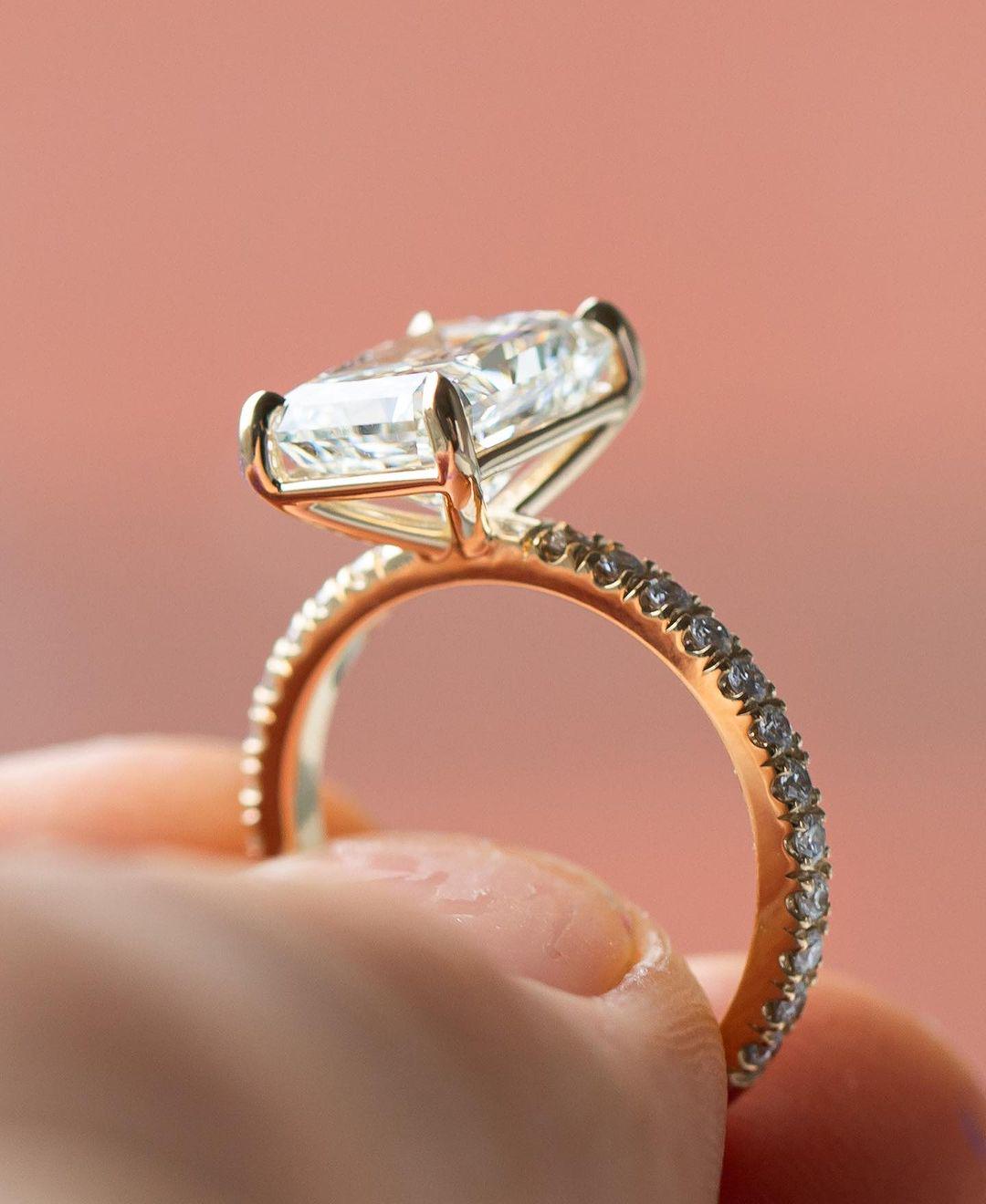 Minimalist 3.50 CT Crushed Ice Radiant Cut Moissanite Ring,14k Solid Yellow Gold,3/4 Eternity Paves Band,Proposal Ring,Anniversary Ring/Gift - AuraJewelsCA